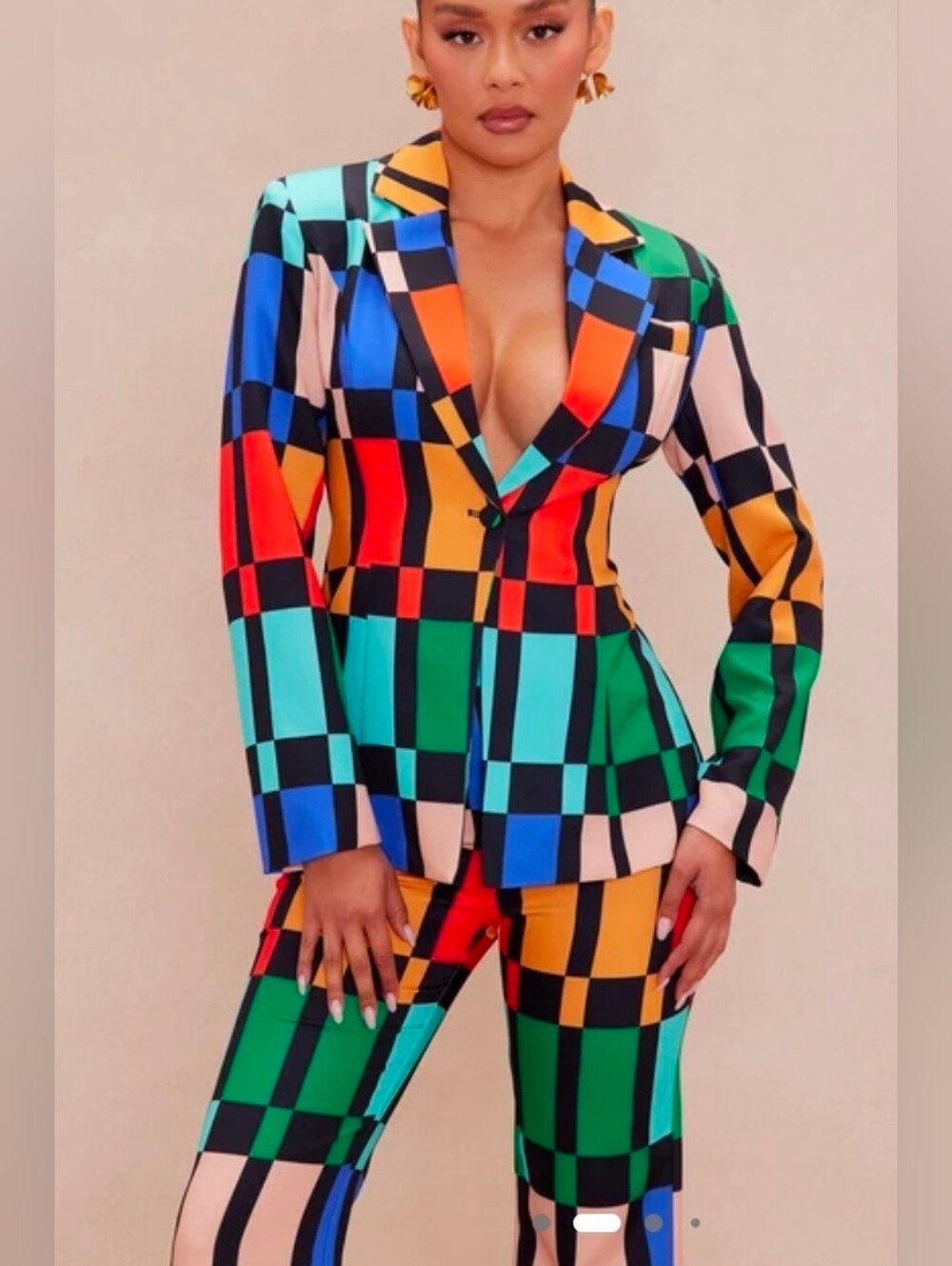 Colorblock Check Blazer & Pants Suit - Multicolor Sz 1x